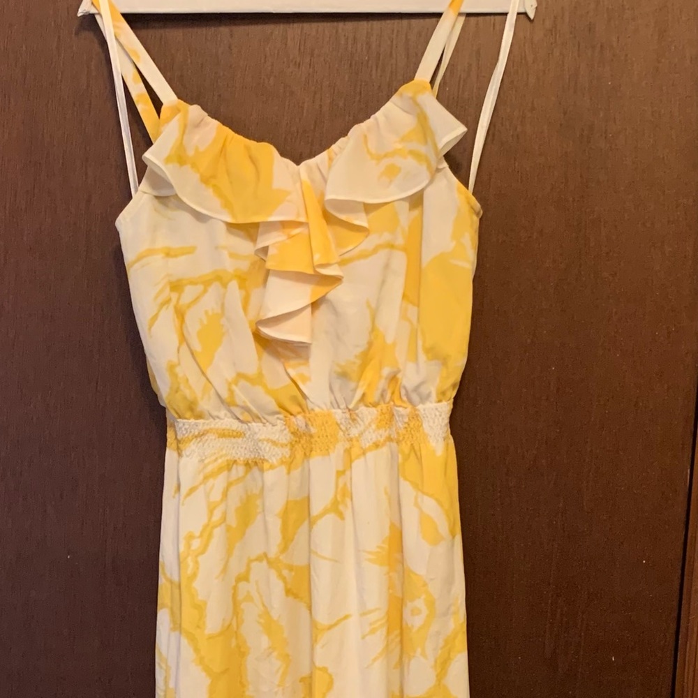 Loft yellow & white print dress with split size 2